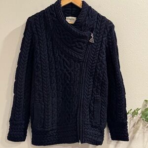 SAOL Ireland NWOT Small Navy Wool Cable Knit Fisherman Asymmetrical Zip Sweater